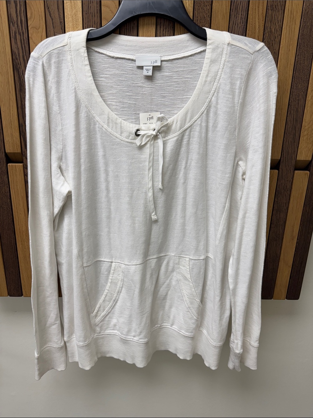 NWT J. Jill White 100% Cotton Drawstring Top with Front Pocket, size M
